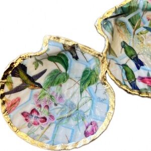 Floral Hummingbird Jewelry Seashell Dish - Gold Trim